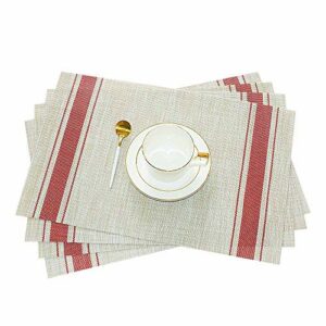 GIVERARE Placemats Set of 4, Heat-Resistant Woven Vinyl Placemat, Non-Slip Washable PVC Table Mat, Easy to Clean Premium Plastic Table Mats at for Dining Table, Kitchen Table (Stripe Red)