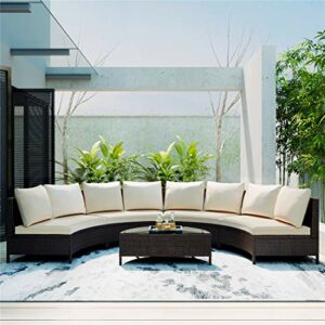 5-Piece Half Moon Outdoor Sectional Sofa Set, Patio All-Weather PE Wicker Furniture with Pillows, Cushions and Half-Moon Tempered Glass Table