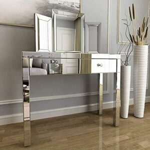 Mirrored Vanity Desk,Mirrored Vanity Set with Tri-Folding Mirror Vanity Table with 2 Drawers for Women Girls,Silver