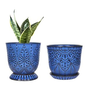 Gepege 6 Inch Beaded Ceramic Planter Set of 2 with Drainage Hole and Saucer for Plants, Indoor-Outdoor Large Round Succulent Orchid Flower Pot (Blue, for Inner-pots not Larger Than 5 Inch)