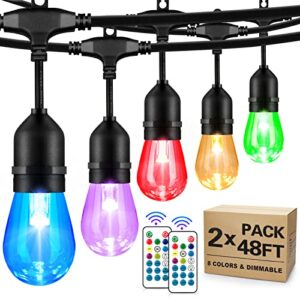 2-Pack 48FT Outdoor RGB String Lights, Cafe LED String Light with 30+5 Shatterproof Edison Bulb Dimmable, Commercial Light String for Patio Backyard Christmas Party, 2 Remote, 96FT