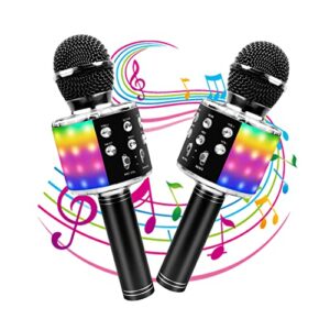 Icnice Wireless Bluetooth Karaoke Microphone 2 Pack, 5-in-1 Portable Handheld Karaoke Mic Speaker with Flashing Light for Singing Compatible with TV/Phone/PC Karaoke Machine（Black）