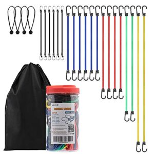 NOONE 24pcs Heavy Duty Bungee Cords with Hooks in Jar, 100% Latex Core Elastic Strong Bungie Straps Set Assortment, Includes 8”, 10”, 18”, 24”, 32”, 40” Bungees, Organizer Bag