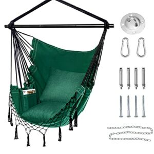 HBlife Hammock Chair, Max 330 Lbs, 2 Pillows Included, Green Hanging Chair with Pocket and Macrame, Swing Rope Chair for Bedroom, Backyard and Deck