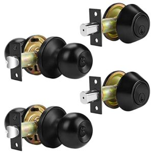 Probrico Black Keyed Alike Entry Knobs Front Door Locks Exterior Lockset and Single Cylinder Deadbolt Combination Set, 2 Pack