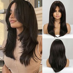 BASHA Long Straight Black Brown Wig Hair for Women Lady Girl Middle Part with Bangs Dark Black Roots 20 inches Heat Resistant Synthetic Natural Looking Wig Home Wedding Normal Daily Cosplay Party 8015