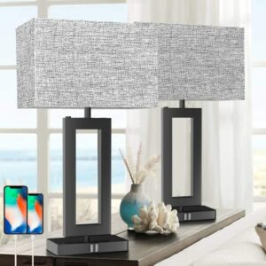MoMyofdy 22’’ Set of 2 Touch Control Table Lamp w. 2 USB Ports, 3-Way Dimmable Modern Bedroom Bedside Touch Lamps w. Fabric Gray Shade for Living Room End Table Nightstand Reading, LED Bulbs Included