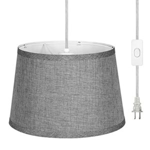 EDISHINE Plug in Pendant Light, Hanging Light with 15Ft Clear Cord, On/Off Switch, Grey Fabric Shade, Pendant Light Fixture for Bedroom, Kitchen, Living Room, Dining Table