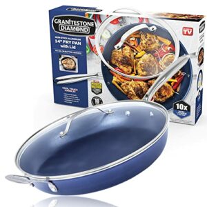 Granitestone Blue Nonstick 14” Frying Pan with Lid with Ultra Durable Mineral and Diamond Triple Coated Surface, Family Sized Open Skillet, Oven and Dishwasher Safe, 100% PFOA Free