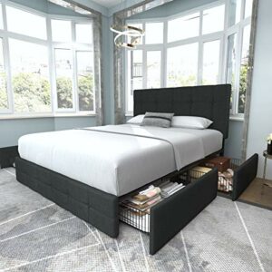 Allewie Upholstered Queen Size Platform Bed Frame with 4 Storage Drawers and Headboard, Square Stitched Button Tufted Mattress Foundation with Wooden Slats Support, No Box Spring Needed, Dark Grey