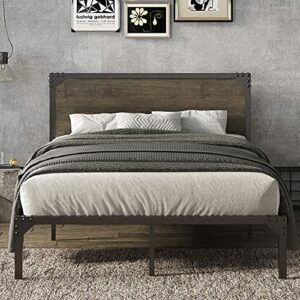 Allewie Full Size Bed Frame with Wood Headboard, Metal Platform Frame with Strong Slats and Rivet Decoration, Easy Assembly, No Box Spring Needed, Noise Free, Brown