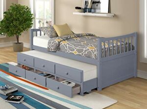 Twin Captain’s Bed Storage daybed with Trundle and Drawers for Kids Guests (Grey)