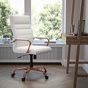 EMMA + OLIVER High Back White LeatherSoft Executive Swivel Office Chair - Rose Gold Frame/Arms