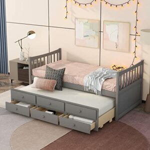Daybed Twin Captain's Bed Storage Daybed with Trundle and Drawers for Kids Teens and Adults (Grey)