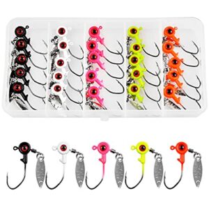 Crappie Jig Heads Fishing Hooks Kit,25pcs Underspin Lures Jig Head with Spinner Blade Eye Ball Painted Fishing Jigs for Bass Trout Saltwater Freshwater 1/8oz