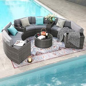 SUNSITT Outdoor Patio Furniture 11-Piece Half-Moon Sectional Round Patio Furniture Set Curved Outdoor Sofa with Tempered Glass Round Coffee Table, 4 Pillows, Grey Rattan