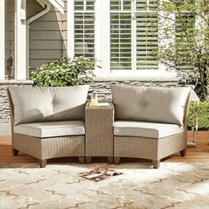 LOKATSE HOME 3-Piece Outdoor Wicker Rattan Sofa Furniture Patio Half-Moon Sectional Woven Conversation Set with Removable Grey Cushions, Brown