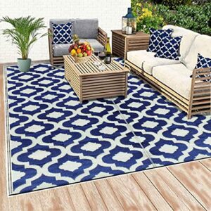 BalajeesUSA Recycled Outdoor Plastic Patio Rugs Clearance Waterproof RV Camper Rug Large Reversible mats 6'x9' Blue & White 20317